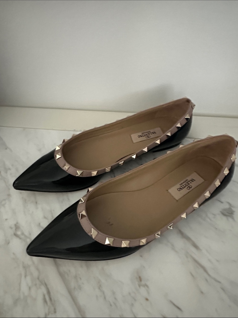 Valentino Black Patent Pointed Flats with Nude Trim & Gold Studs - Picture 2 of 5